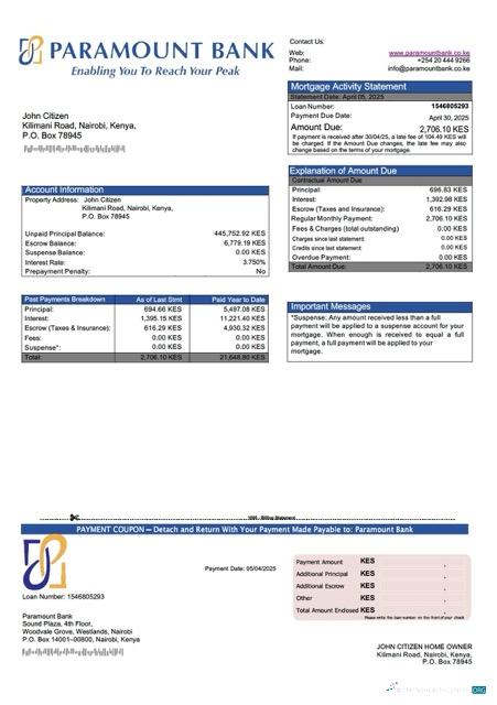 Download Kenya Paramount Bank mortgage statement Word and PDF template Photoshop template